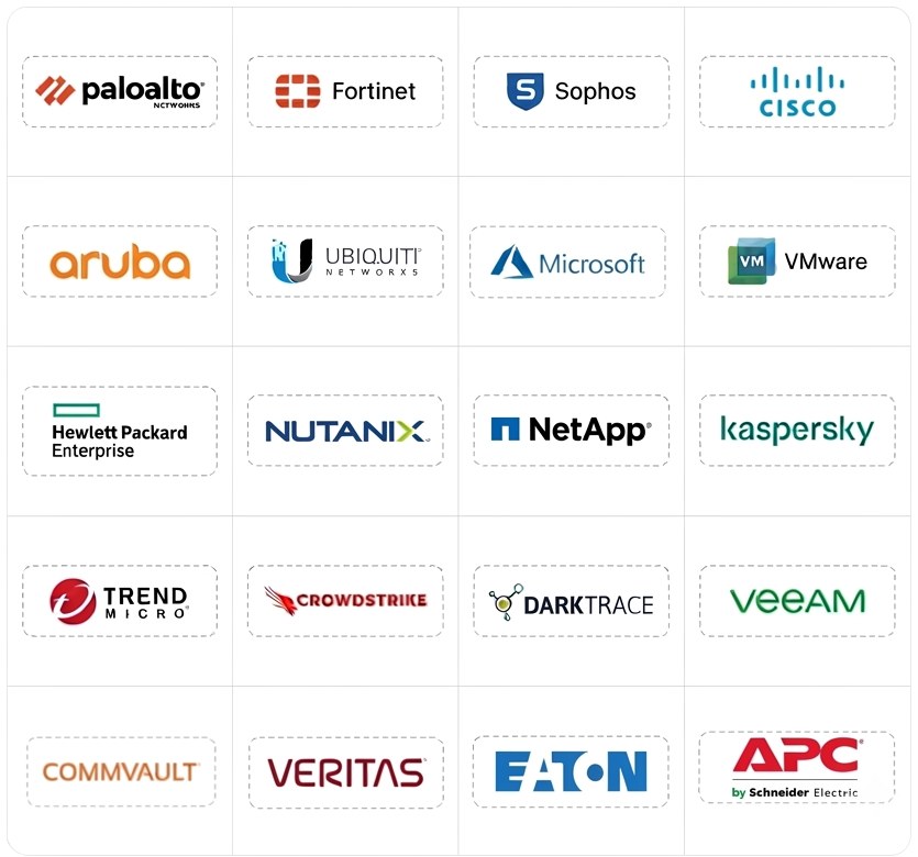 Partner logos: Palo Alto Networks, Fortinet, Sophos, Cisco, Aruba, Ubiquiti, Microsoft, VMware, Hewlett Packard Enterprise, Nutanix, NetApp, Kaspersky, Trend Micro, CrowdStrike, Darktrace, Veeam, Commvault, Veritas, Eaton and APC by Schneider Electric