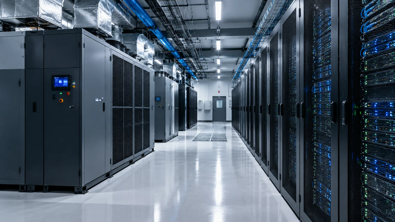 Data centre aisle with precision cooling units and server racks