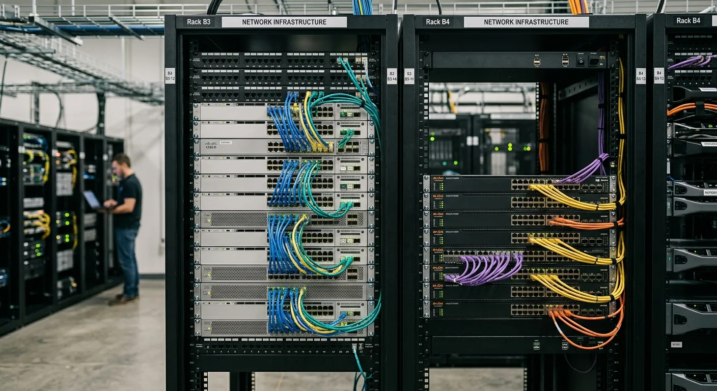 Network racks with Cisco and Aruba switches and patch cabling
