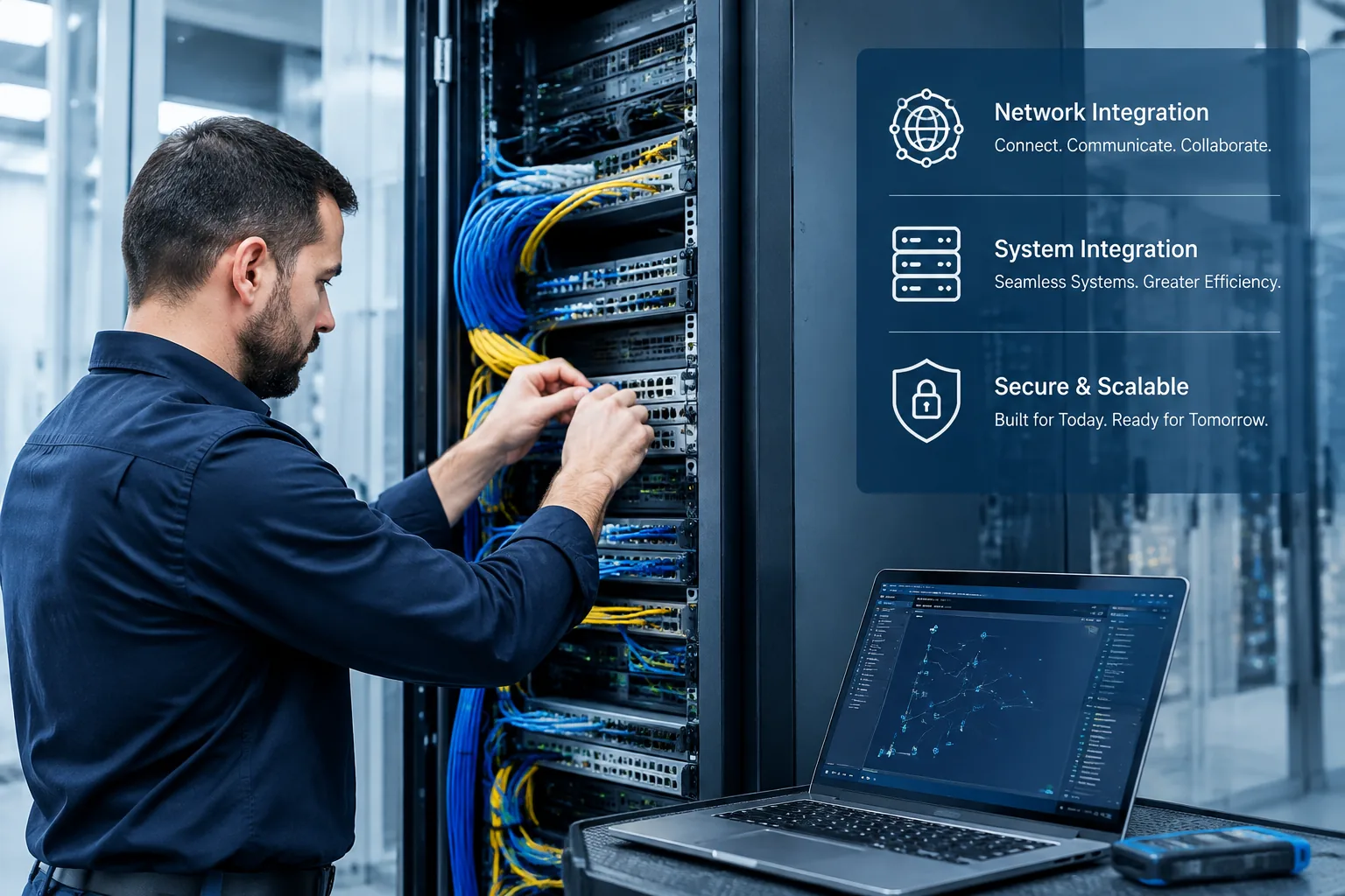 Engineer patching network cables in a server rack, with network and system integration highlights