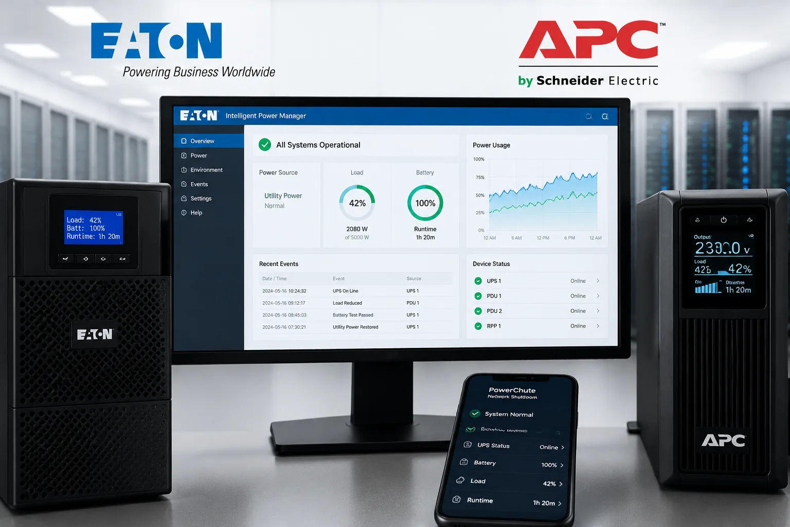 Eaton and APC UPS units with power monitoring dashboard
