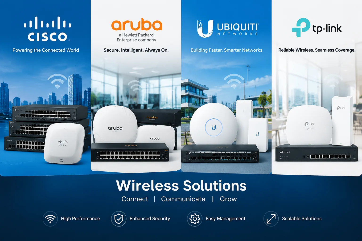 Wireless access points and switches from Cisco, Aruba, Ubiquiti and TP-Link